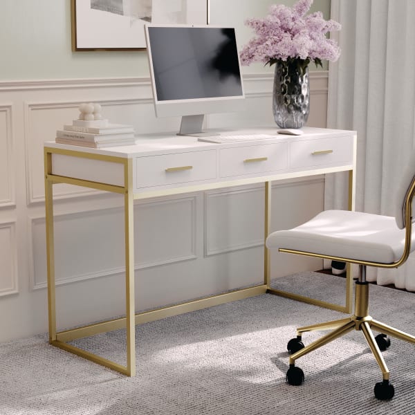 Martha Stewart Ollie 47-1/4inW Home Office Computer Desk With 3 Drawers, White/Polished Brass