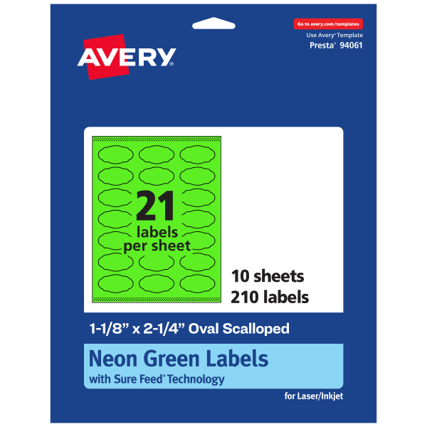 Avery Print-To-The-Edge Labels With Sure Feed Technology And Easy Peel, 94061-NGP10, Oval Scalloped, 1-1/8in x 2-1/4in, Matte Neon Green, Pack of 210