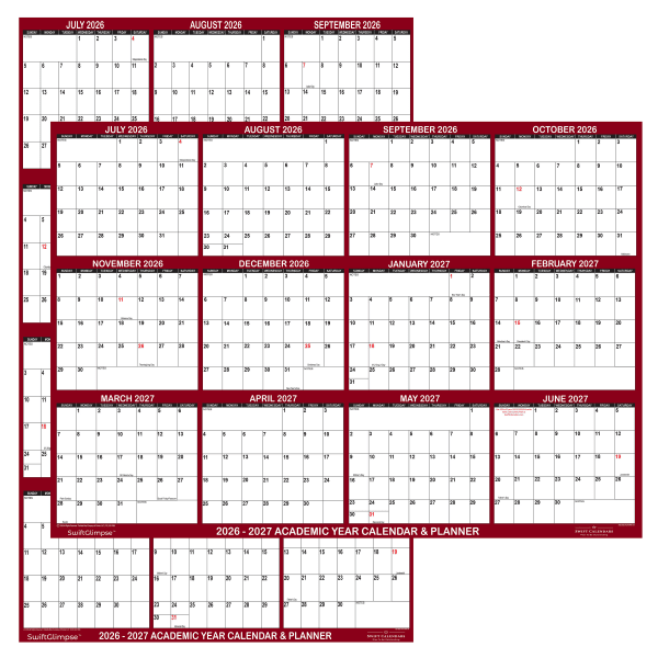 2026-2027 SwiftGlimpse Academic Monthly Wall Calendar, 18in x 24in, Maroon/White, July To June, Total Qty 1
