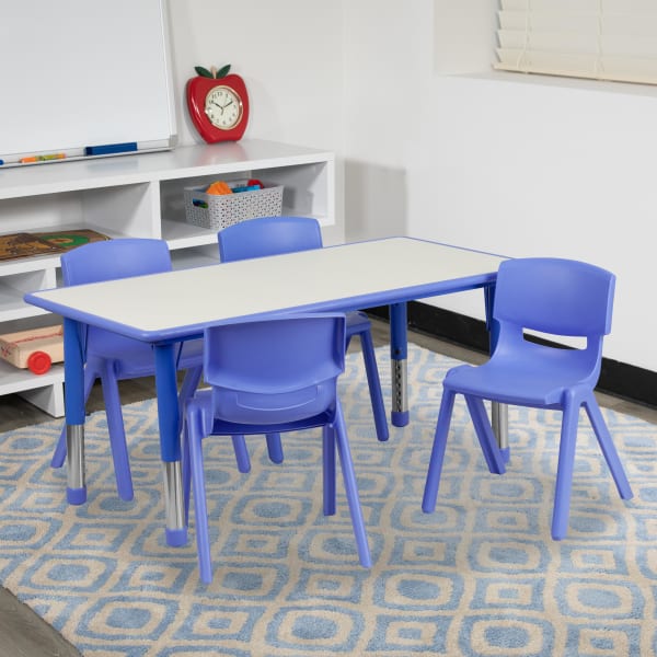 Flash Furniture Rectangular Plastic Height-Adjustable Activity Table Set With 4 Chairs, 23-1/2inH x 23-5/8inW x 47-1/4inD, Blue