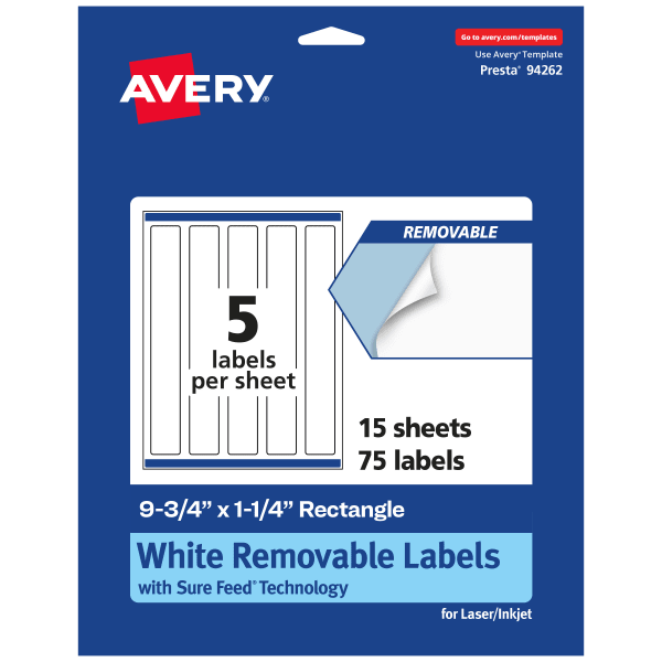 Avery Removable Labels With Sure Feed, 94262-RMP15, Rectangle, 9-3/4in x 1-1/4in, White, Pack Of 75 Labels