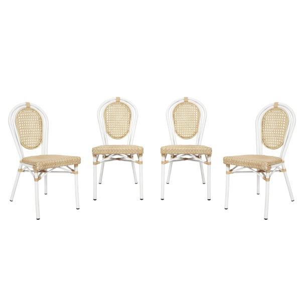 Flash Furniture 4 Pack Cannes Indoor/Outdoor Commercial Thonet Bistro Stacking Chair, PE Cane Rattan and Aluminum Frame, Natural/White Frame
