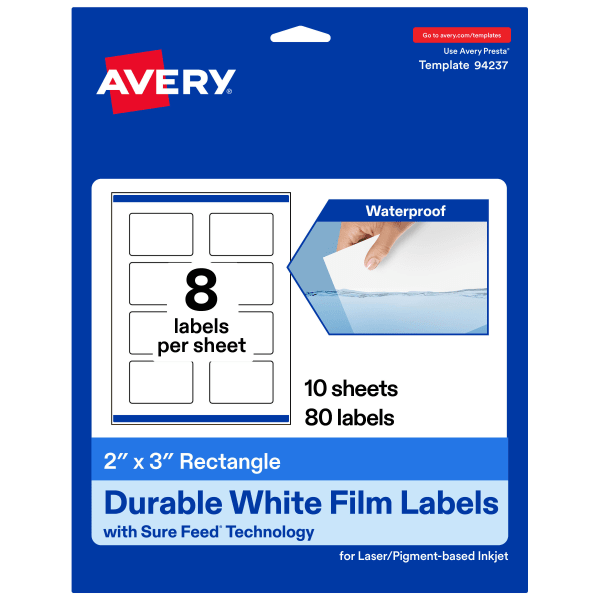 Avery Waterproof Permanent Labels With Sure Feed, 94237-WMF10, Rectangle, 2in x 3in, White, Pack Of 80