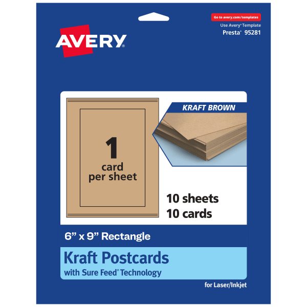 Avery Printable Postcards With Sure Feed Technology, 95281-KMC10, Rectangle, 6in x 9in, Kraft Brown, Pack Of 10