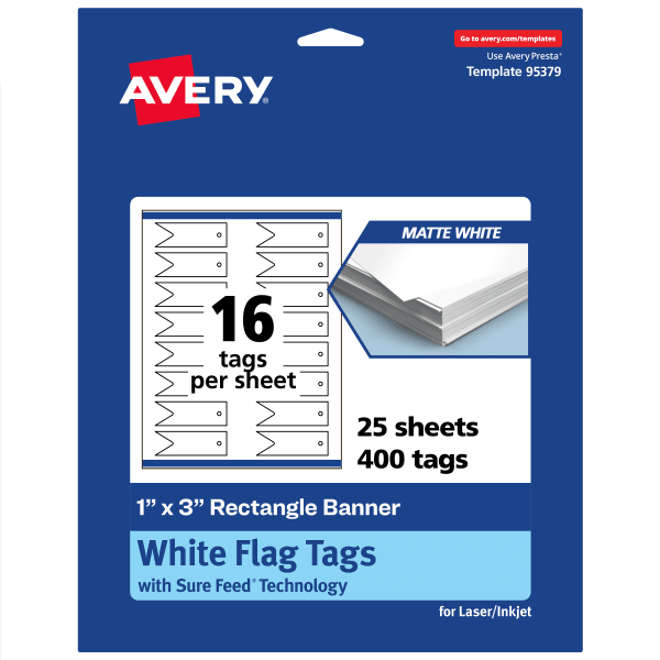 Avery Print-To-The-Edge Flag Tags With Sure Feed Technology, 1inx3in Rectangle Banner, Matte White, Pack Of 400