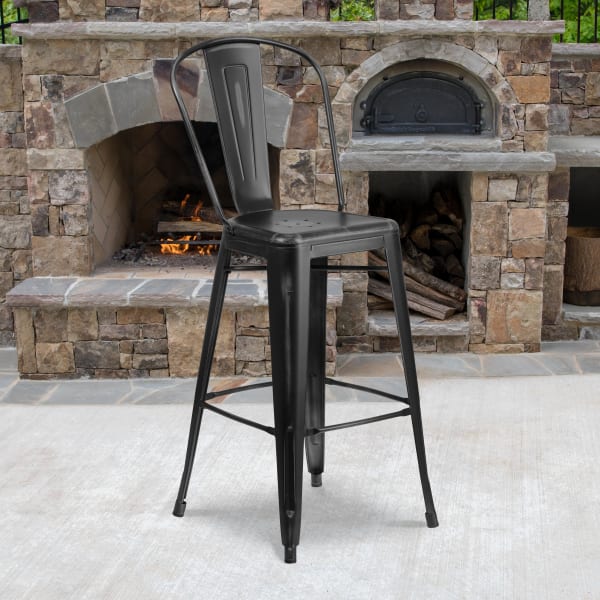 Flash Furniture Commercial-Grade 30inH Distressed Metal Bar Stool, Black
