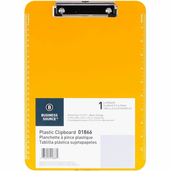 Sparco Plastic Clipboard With Flat Clip, 8 1/2in x 11in, Neon Orange