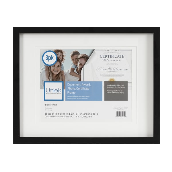 Uniek Gallery Photo/Document Picture Frames, 11in x 14in With Mat, Black, Set Of 3 Picture Frames