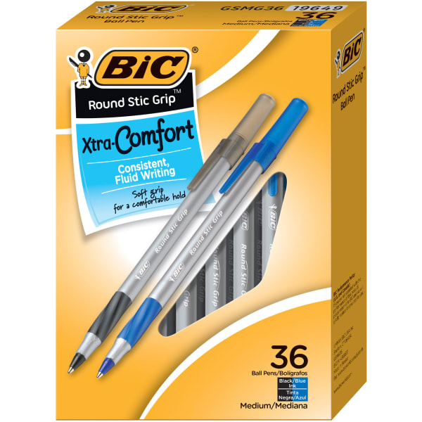 BIC Round Stic Grip Xtra-Comfort Ballpoint Pens, Medium Point, 1.2 mm, Assorted Barrels, Assorted Ink Colors, Box Of 36