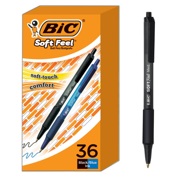 BIC SoftFeel Retractable Ballpoint Pens, Medium Point, 1.0 mm, Assorted Barrels, Assorted Ink Colors, Box Of 36