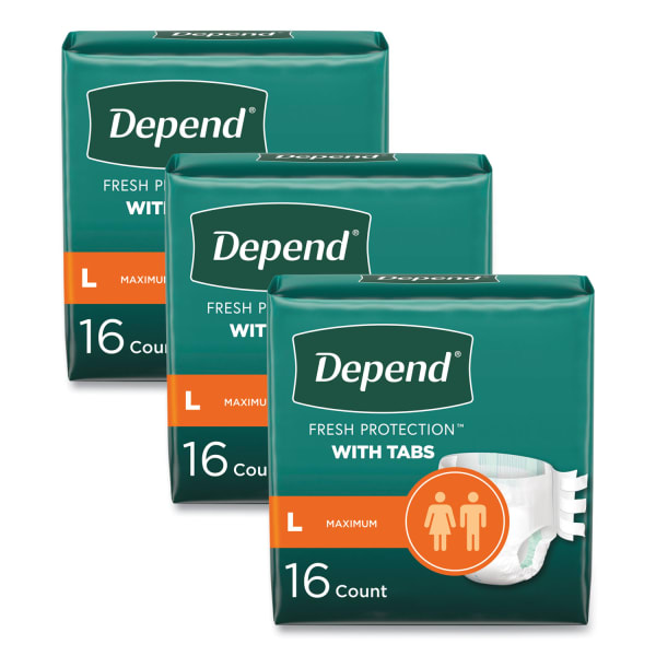 Depend Incontinence Protection with Tabs, 35in to 49in Waist, 16/Pack, 3 Packs/Carton