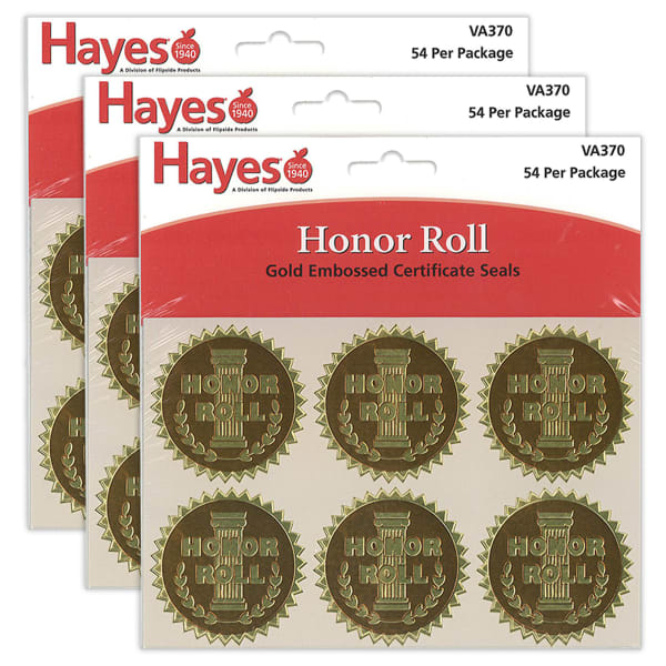 Hayes Publishing Gold Foil Embossed Seals, Honor Roll, 54 Per Pack, Set Of 3 Packs