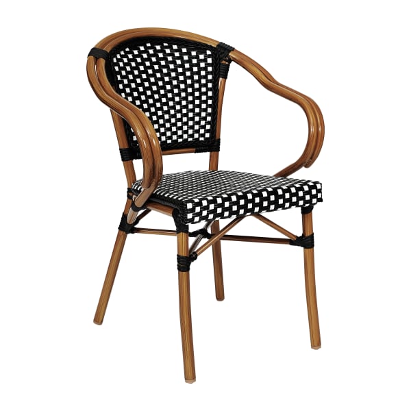 Flash Furniture Bordeaux Indoor/Outdoor Commercial Bistro Stacking Chair with Arms, PE Rattan and Bamboo Print Aluminum Frame, Black & White/Natural Frame