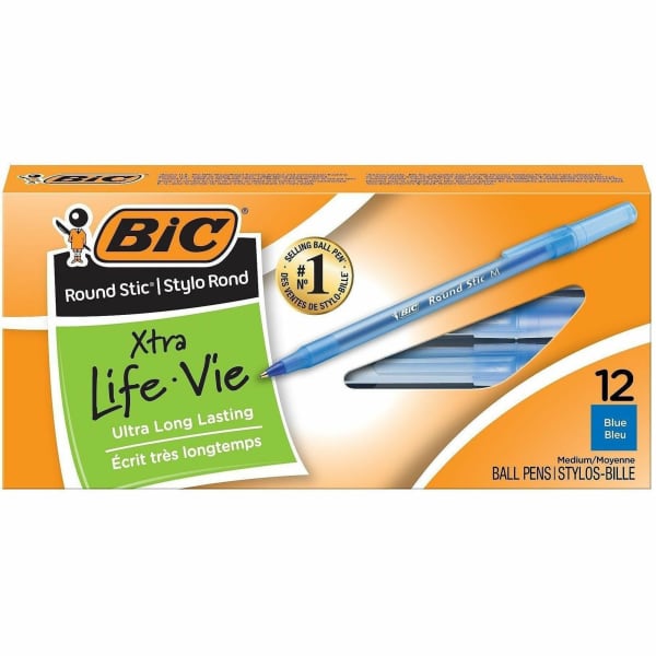 BIC Round Stic Ballpoint Pens - Medium Pen Point - Blue - Frost Barrel - 72 / Bundle