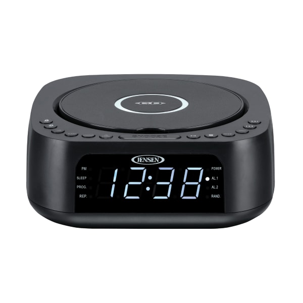 JENSEN Stereo Digital Dual-Alarm Clock With Top-Loading CD Player, FM Tuner, USB Charging Port And Battery Backup, 2.38inH x 7.32inW x 7.32inD, Black