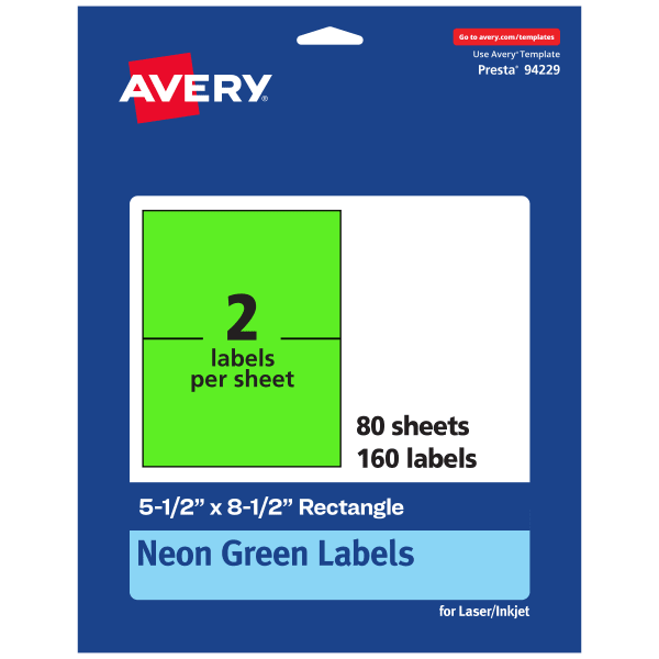 Avery Printable Labels, 94229-NGP80, Rectangle, 5-1/2in x 8-1/2in, Matte Neon Green, Pack of 160