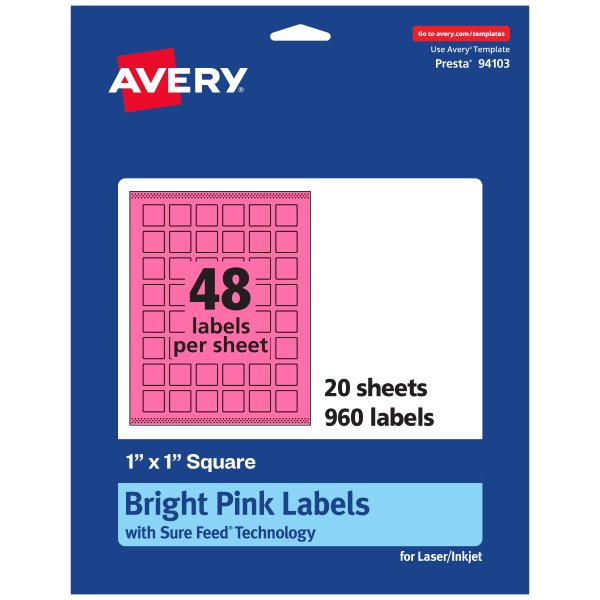 Avery Print-To-The-Edge Labels With Sure Feed Technology And Easy Peel Label Feature, 94103-BPP20, Square, 1in x 1in, Matte Bright Pink, Pack of 960