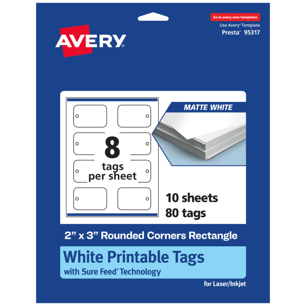 Avery Printable Tags With Sure Feed Technology, Print-To-The-Edge, 2inx3in, Matte White, Pack Of 80