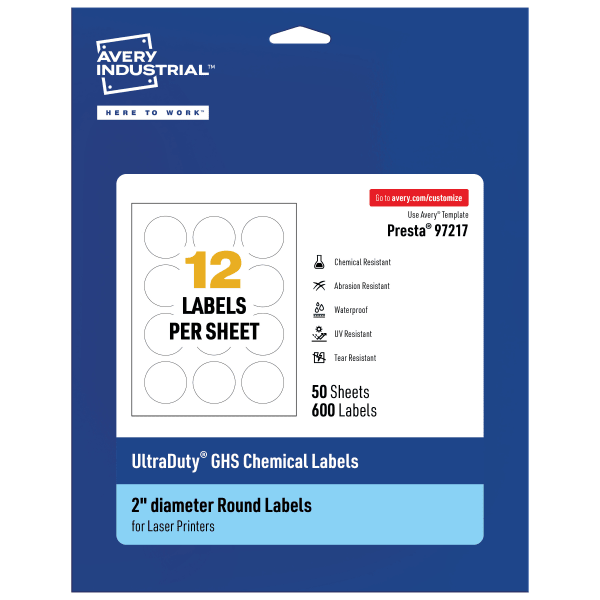 Avery Ultra Duty Permanent GHS Chemical Labels, 97217-WMU50, Round, 2in Diameter, White, Pack Of 600