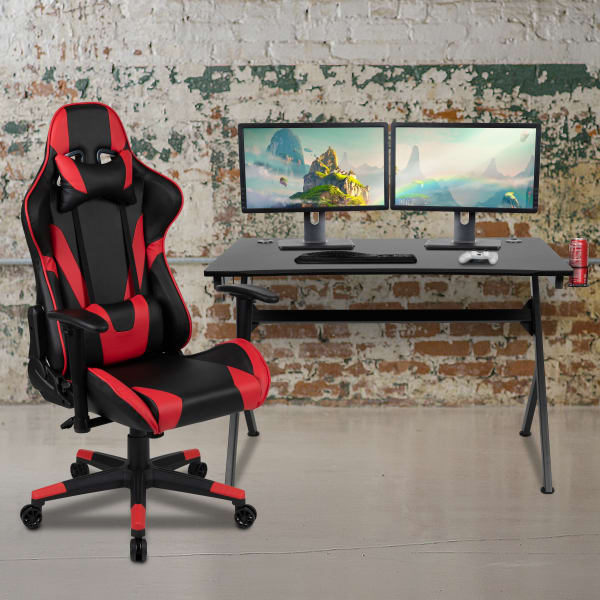 Flash Furniture Gaming Desk And Reclining Chair Set With Cup Holder, Headphone Hook & 2 Wire Management Holes, Red