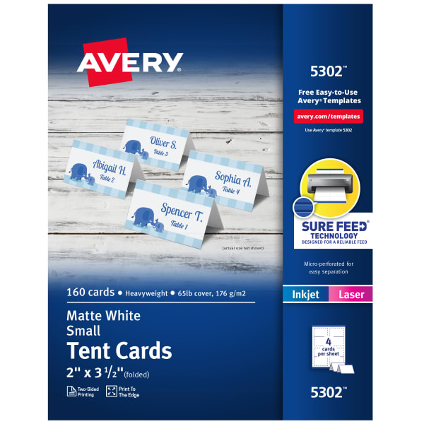 Avery Printable Small Tent Cards With Sure Feed Technology, 2in x 3.5in, White, 160 Blank Place Cards