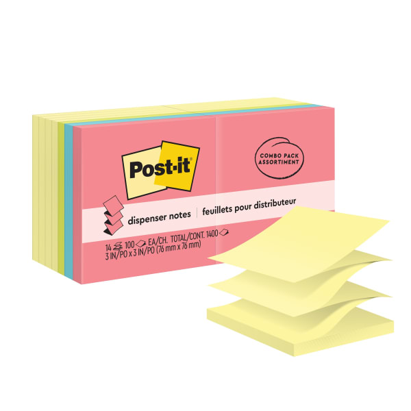 Post-it Pop Up Notes, 14 Pads, 3 in x 3 in, Clean Removal, School Supplies and Office Products, Sticky Notes for Vertical Surfaces, Monitors, Walls and Windows, Cape Town Collection