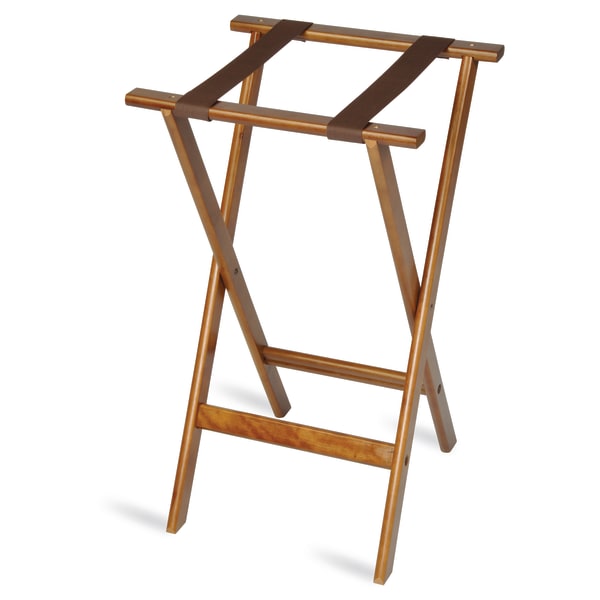 CSL Deluxe Wood Tray Stand, 30inH x 18-1/2inW x 17inD, Dark Finish/Brown Straps