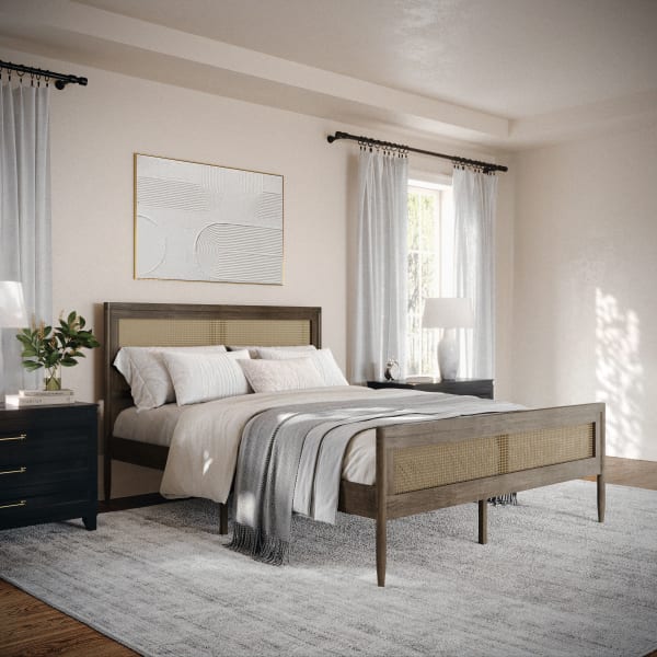 Martha Stewart Jax Solid Wood Platform Bed with Rattan Headboard and Footboard, No Box Spring Required, Brown Gray, Queen