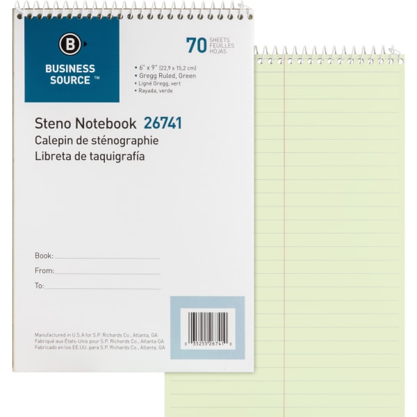 Business Source Steno Notebook - 70 Sheets - Wire Bound - Gregg Ruled Margin - 15 lb Basis Weight - 6in x 9in Sheet Size - Green Paper - Stiff-back - 1 Each