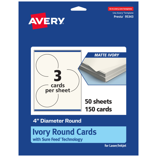 Avery Printable Note Cards With Sure Feed Technology, 4in Round, Matte Ivory, Pack Of 150