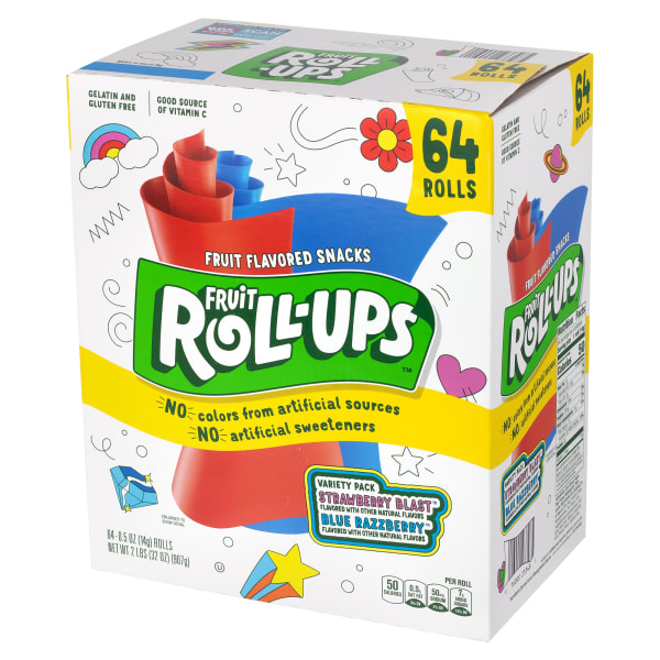 Fruit Roll-Ups Fruit Flavored Snacks, 0.5 Oz, Assorted Flavors, Box Of 72 Snacks