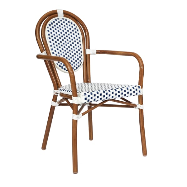 Flash Furniture Lourdes Indoor/Outdoor Commercial Thonet Bistro Stacking Chair with Arms, PE Rattan and Aluminum Frame, White & Navy/Natural Frame