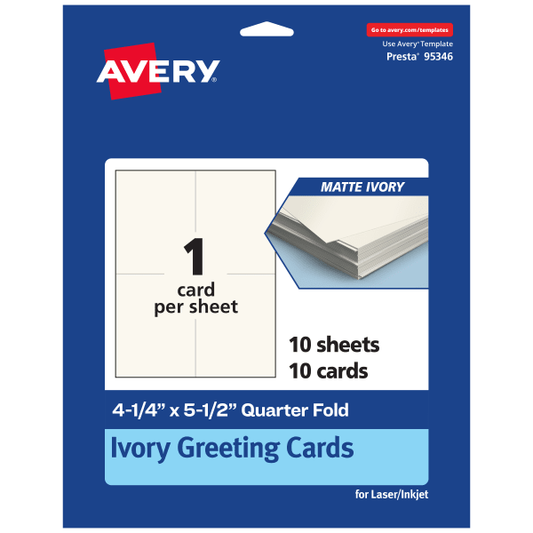 Avery Printable Quarter-Fold Greeting Cards, 4-1/4in x 5-1/2in Matte Ivory, Pack Of 10