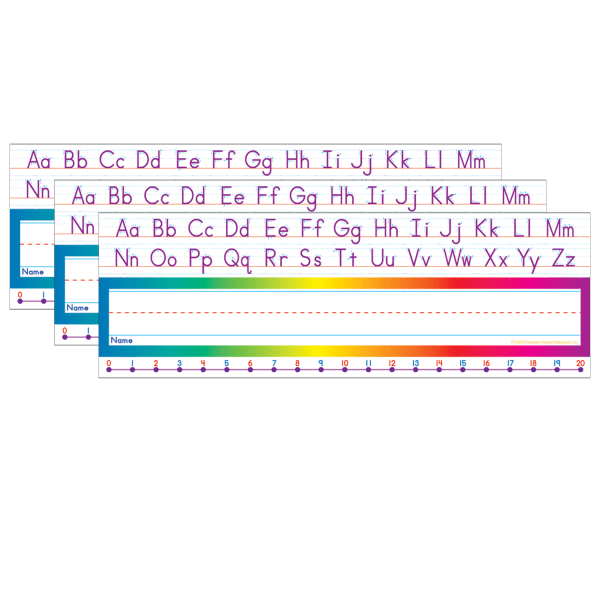 Scholastic Teacher Resources Alphabet/Number Line Name Plates, 12in x 4in, Standard Manuscript, 36 Plates Per Pack, Set Of 3 Packs