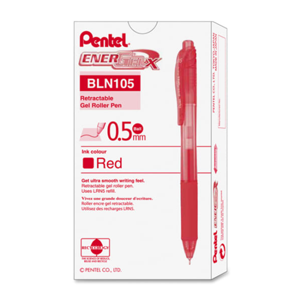 Pentel EnerGel-X Retractable Gel Pens, Fine Point, 0.5 mm, Red Barrel, Red Ink, Pack Of 12 Pens