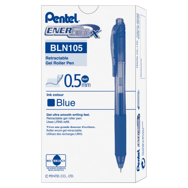 Pentel EnerGel X Retractable Liquid Gel Pens, Fine Point, 0.5 mm, Blue Barrel, Blue Ink, Pack Of 12 Pens