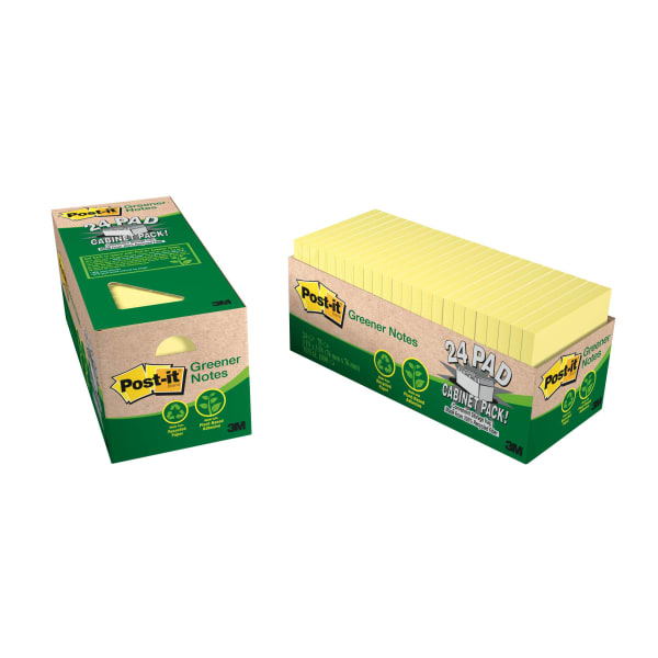 Post-it Greener Notes, 24 Pads, 3 in x 3 in, Clean Removal, School Supplies and Office Products, Sticky Notes for Vertical Surfaces, Monitors, Walls and Windows, Canary Yellow