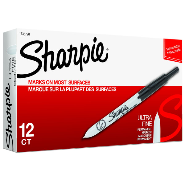 Sharpie Retractable Permanent Markers, Ultra-Fine Point, Black, Pack Of 12