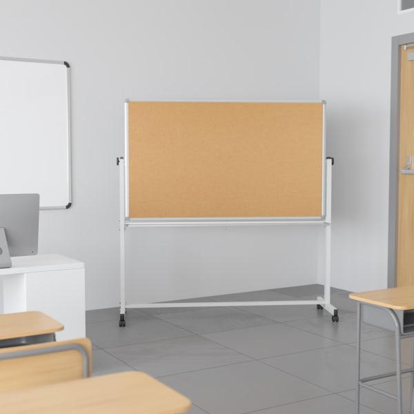 Flash Furniture Reversible Cork Bulletin/Non-Magnetic Dry-Erase Whiteboard, 54 3/4in x 45 1/4in, Silver Aluminum Frame