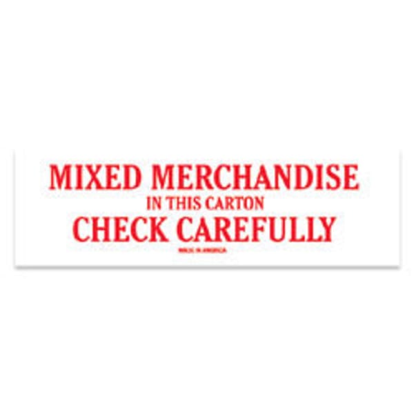 Tape Logic Preprinted Shipping Labels, SCL544, "Mixed Merchandise In This Carton Check Carefully," 2in x 6in, Red/White, Pack Of 500
