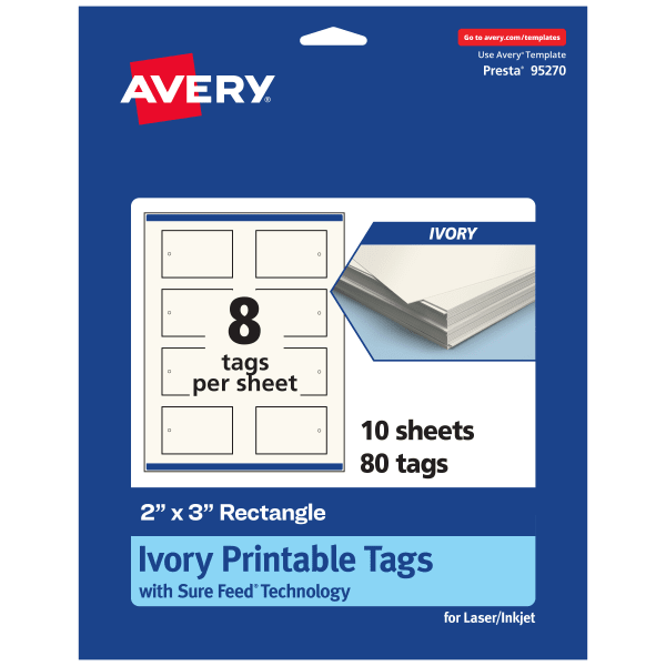 Avery Printable Tags With Sure Feed Technology, 95270-MIT10, Rectangle, 2in x 3in, Matte Ivory, Pack Of 80