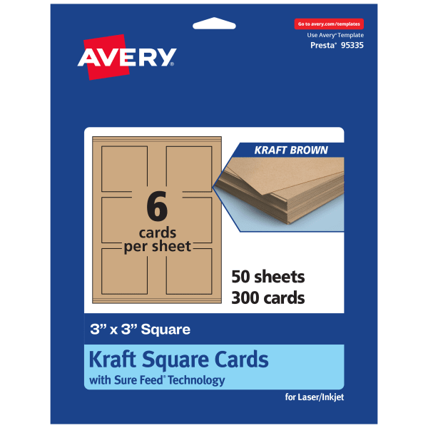 Avery Printable Note Cards With Sure Feed Technology, 3in x 3in Square, Kraft Brown, Pack Of 300