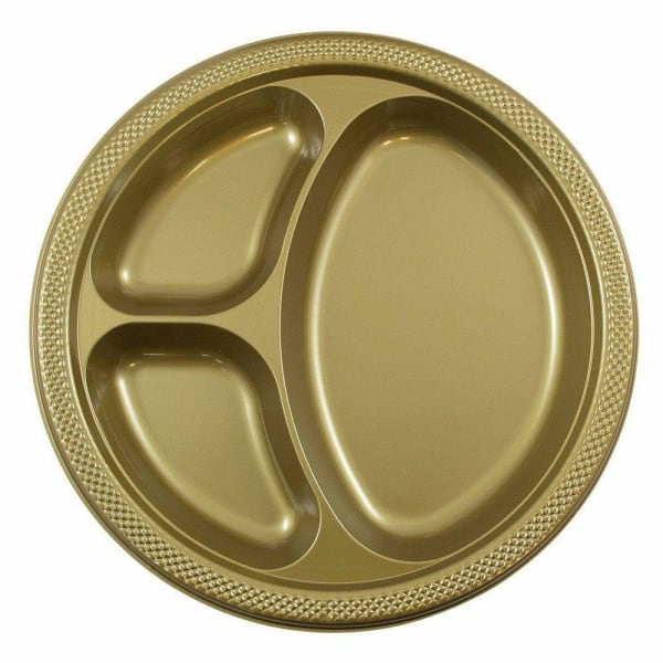 JAM PAPER Plastic 3 Compartment Divided Plates, Large, 10 1/4 inch, Gold, 20/Pack