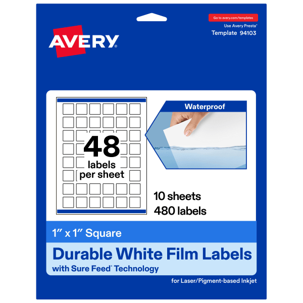 Avery Waterproof Permanent Labels With Sure Feed, 94103-WMF10, Square, 1in x 1in, White, Pack Of 480