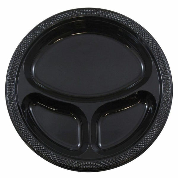 JAM PAPER Plastic 3 Compartment Divided Plates, Large, 10 1/4 inch, Black, 20/Pack