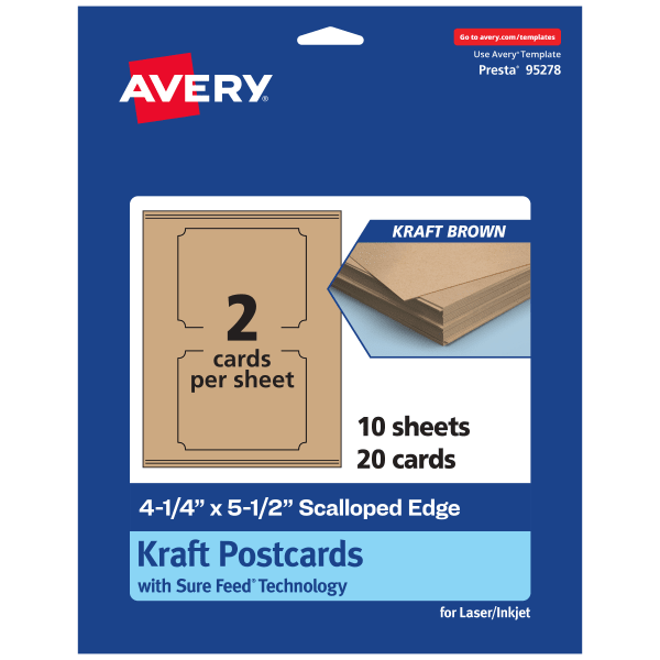 Avery Printable Postcards With Sure Feed Technology, 95278-KMC10, Rectangle Scalloped, 4.25in x 5.5in, Kraft Brown, Pack Of 20