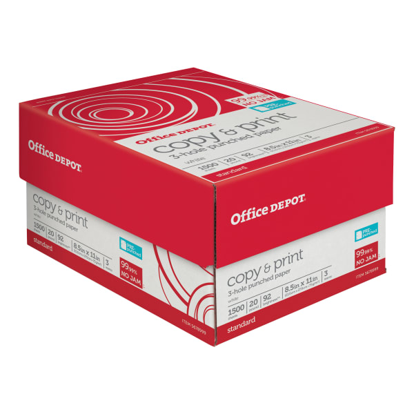 Office Depot 3-Hole Punched Multi-Use Printer & Copy Paper, 3 Reams, White, Letter (8.5in x 11in), 1500 Sheets Per Case, 20 Lb, 92 Brightness