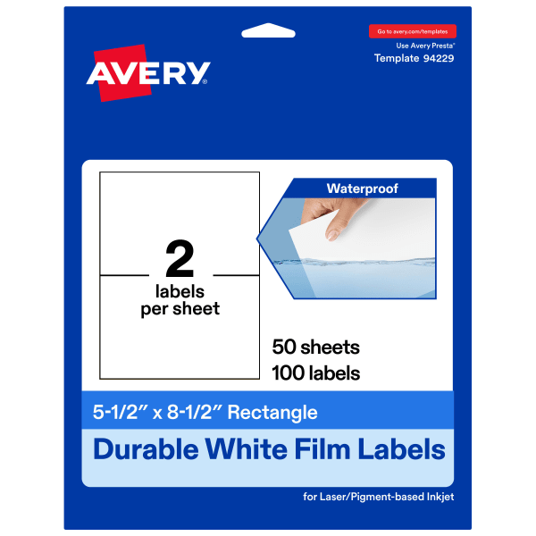 Avery Waterproof Permanent Labels, 94229-WMF50, Rectangle, 5-1/2in x 8-1/2in, White, Pack Of 100
