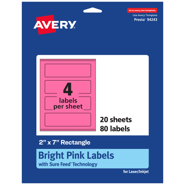 Avery Print-To-The-Edge Labels With Sure Feed Technology, 94243-BPP20, Rectangle, 2in x 7in, Matte Bright Pink, Pack of 80