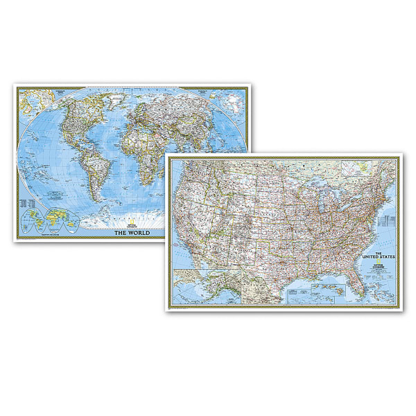 National Geographic World and United States Classic, Poster Size, Map Pack Bundle, 36in x 24in